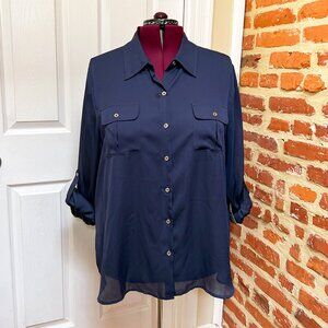 NWT Jones New York Navy Blue Sheer Georgette Roll Tab Sleeve Shirt